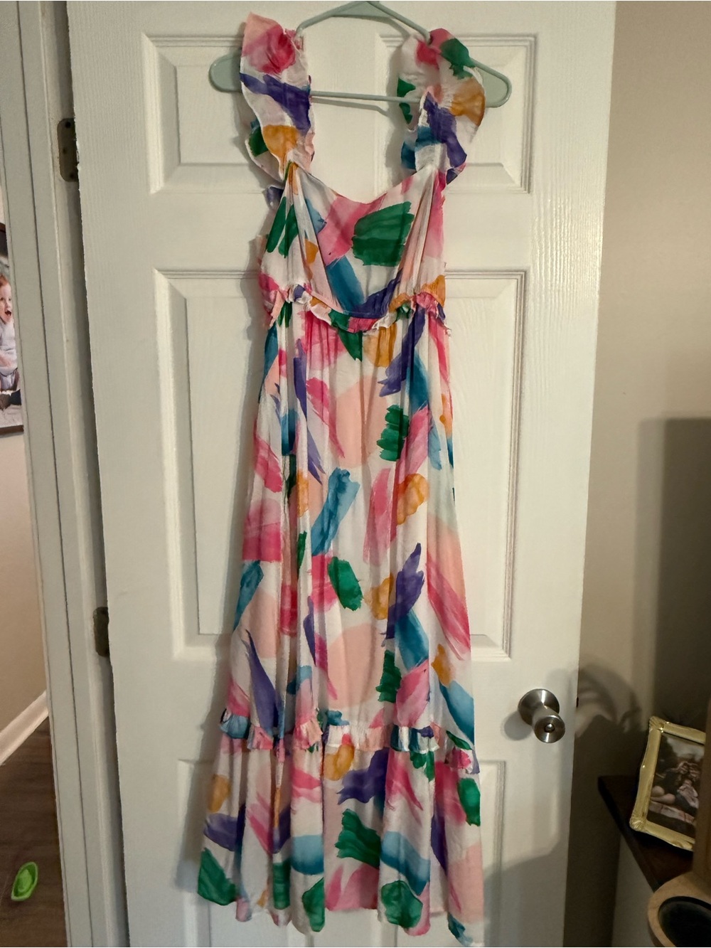 Blu Pepper White Maxi Dress with Pink, Green, Blue & Yellow Brushstroke Print